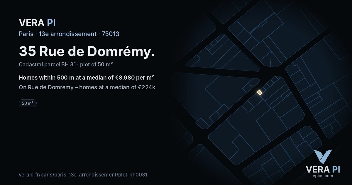 35 Rue de Domrémy, 13e arrondissement at night – the plot lit, the parcels around coloured by the prices near them