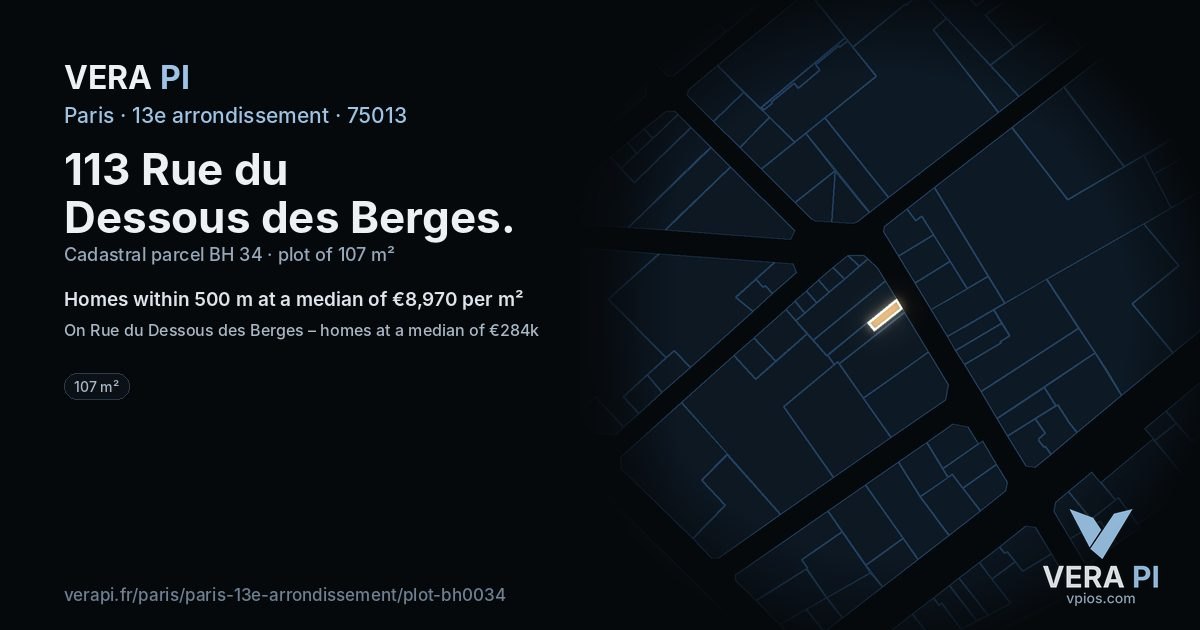 113 Rue du Dessous des Berges, 13e arrondissement at night – the plot lit, the parcels around coloured by the prices near them