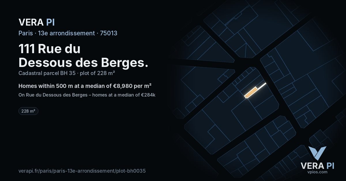 111 Rue du Dessous des Berges, 13e arrondissement at night – the plot lit, the parcels around coloured by the prices near them