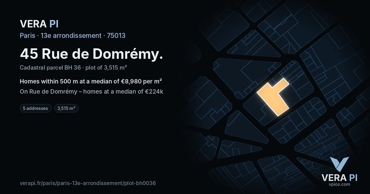 45 Rue de Domrémy, 13e arrondissement at night – the plot lit, the parcels around coloured by the prices near them