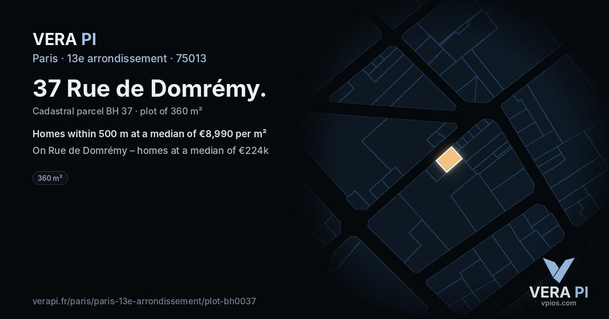 37 Rue de Domrémy, 13e arrondissement at night – the plot lit, the parcels around coloured by the prices near them