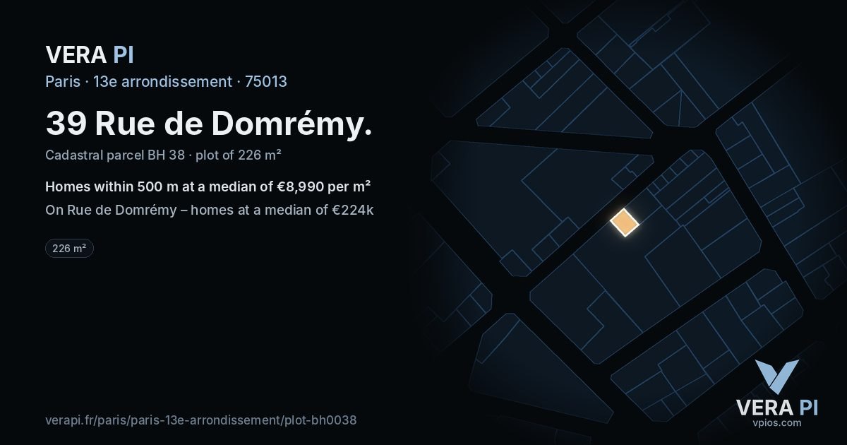 39 Rue de Domrémy, 13e arrondissement at night – the plot lit, the parcels around coloured by the prices near them