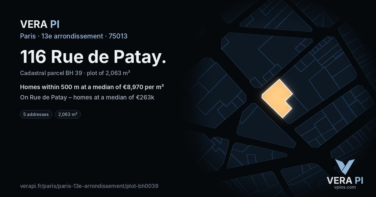116 Rue de Patay, 13e arrondissement at night – the plot lit, the parcels around coloured by the prices near them