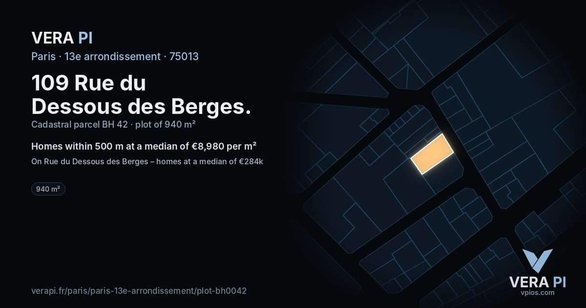 109 Rue du Dessous des Berges, 13e arrondissement at night – the plot lit, the parcels around coloured by the prices near them