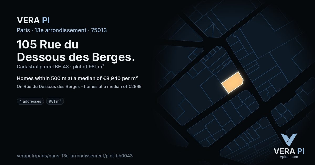 105 Rue du Dessous des Berges, 13e arrondissement at night – the plot lit, the parcels around coloured by the prices near them