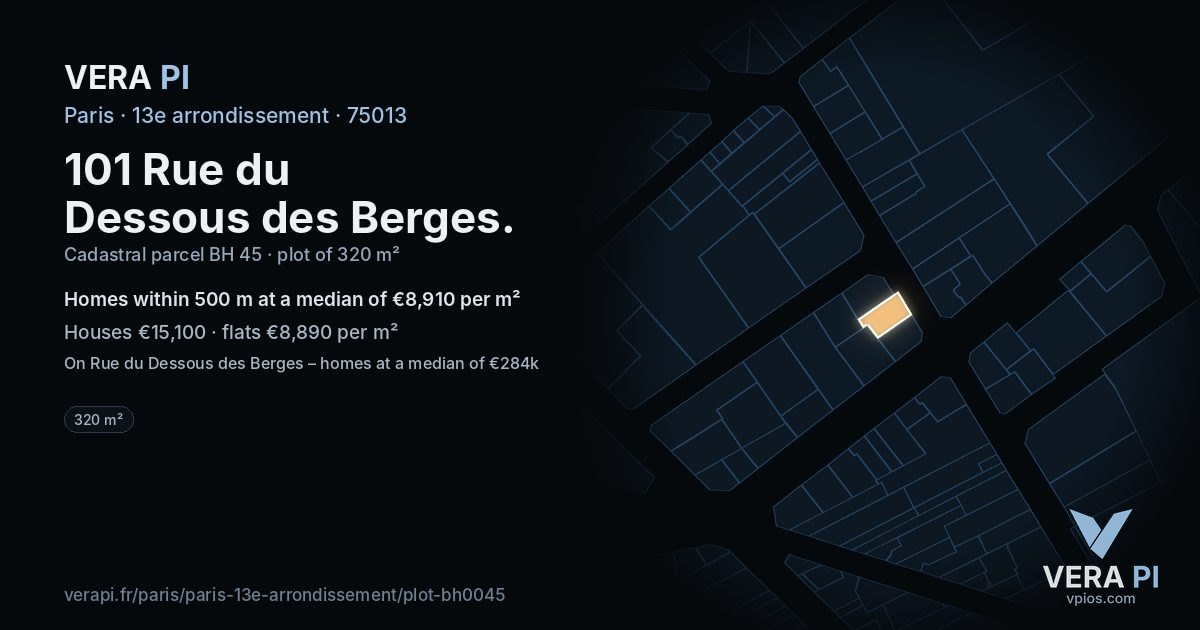 101 Rue du Dessous des Berges, 13e arrondissement at night – the plot lit, the parcels around coloured by the prices near them