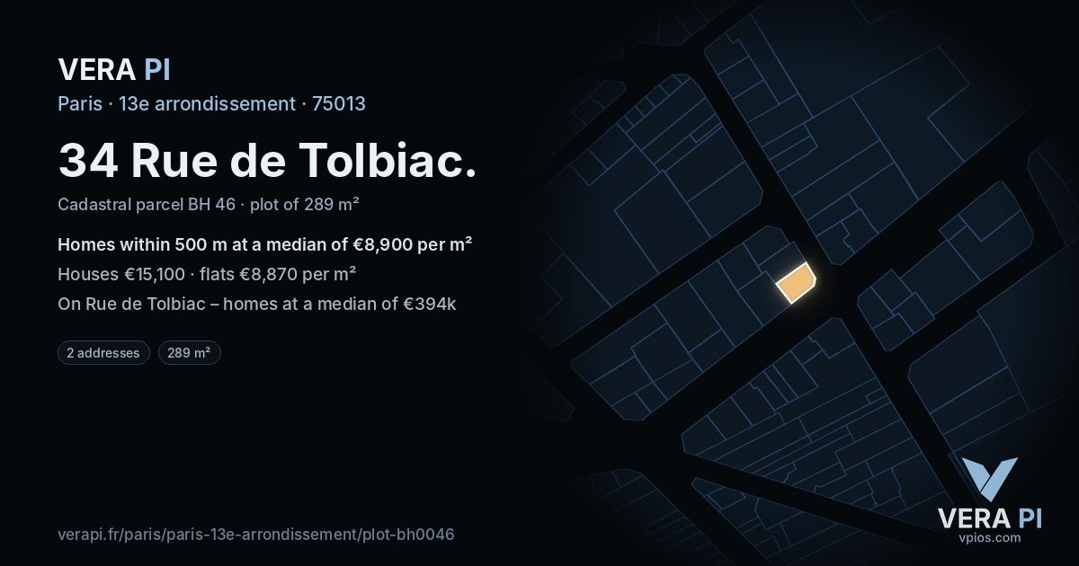 34 Rue de Tolbiac, 13e arrondissement at night – the plot lit, the parcels around coloured by the prices near them
