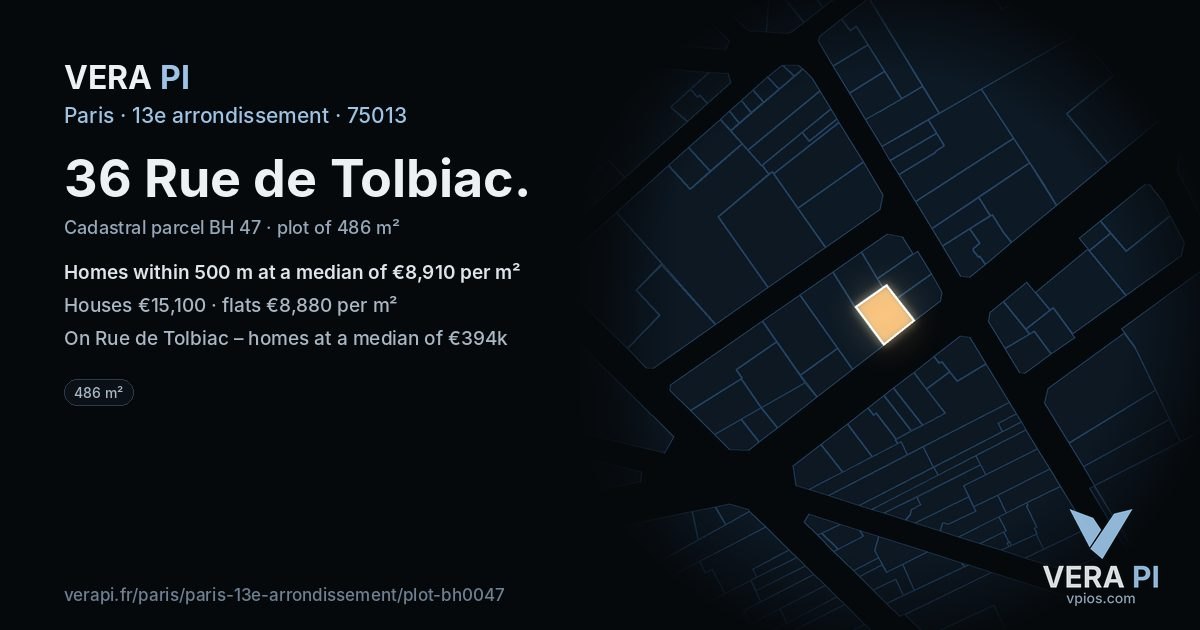 36 Rue de Tolbiac, 13e arrondissement at night – the plot lit, the parcels around coloured by the prices near them