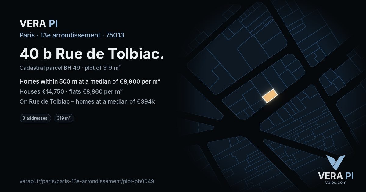 40 b Rue de Tolbiac, 13e arrondissement at night – the plot lit, the parcels around coloured by the prices near them