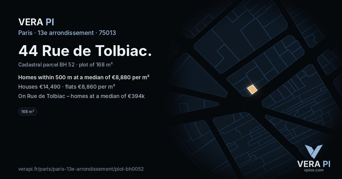 44 Rue de Tolbiac, 13e arrondissement at night – the plot lit, the parcels around coloured by the prices near them