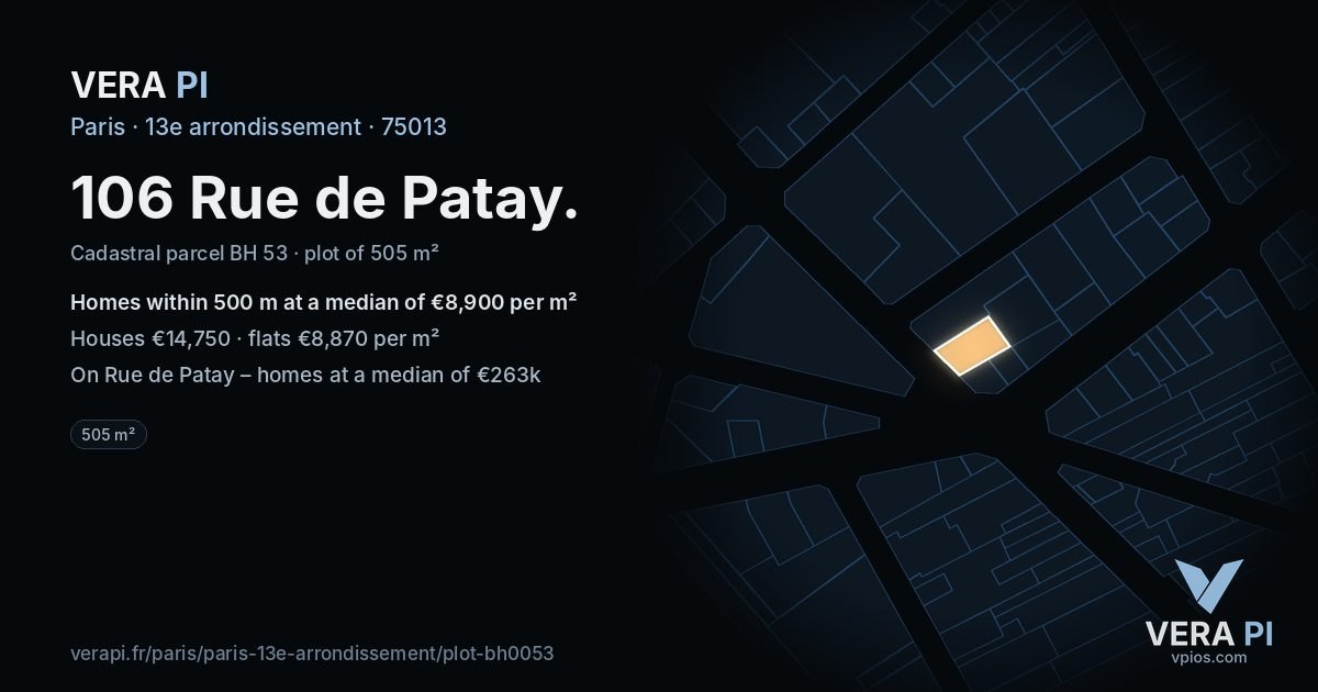 106 Rue de Patay, 13e arrondissement at night – the plot lit, the parcels around coloured by the prices near them