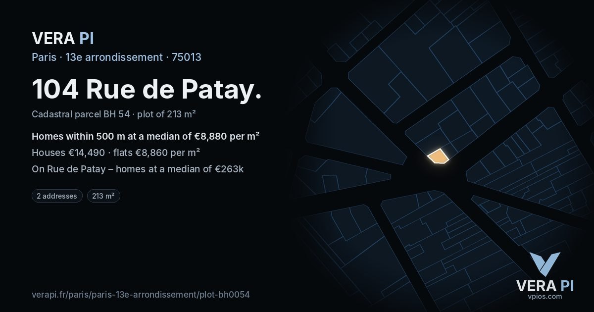 104 Rue de Patay, 13e arrondissement at night – the plot lit, the parcels around coloured by the prices near them