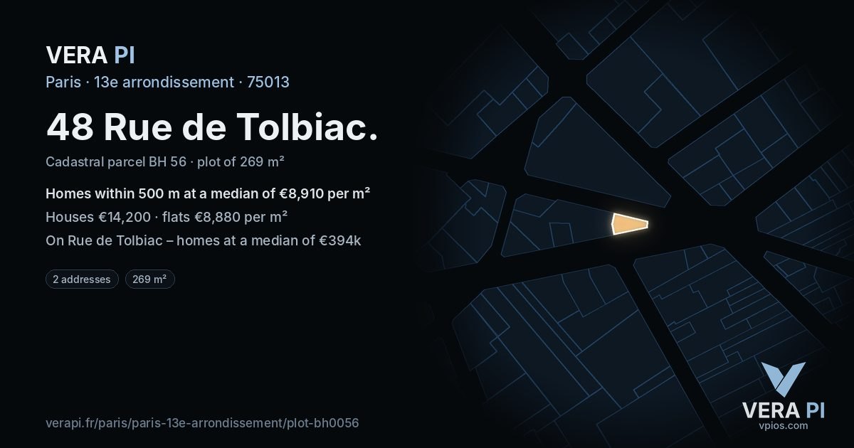 48 Rue de Tolbiac, 13e arrondissement at night – the plot lit, the parcels around coloured by the prices near them