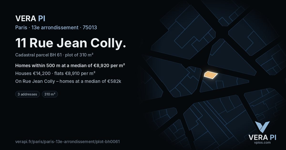 11 Rue Jean Colly, 13e arrondissement at night – the plot lit, the parcels around coloured by the prices near them