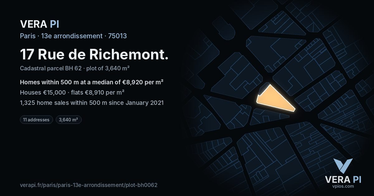 17 Rue de Richemont, 13e arrondissement at night – the plot lit, the parcels around coloured by the prices near them