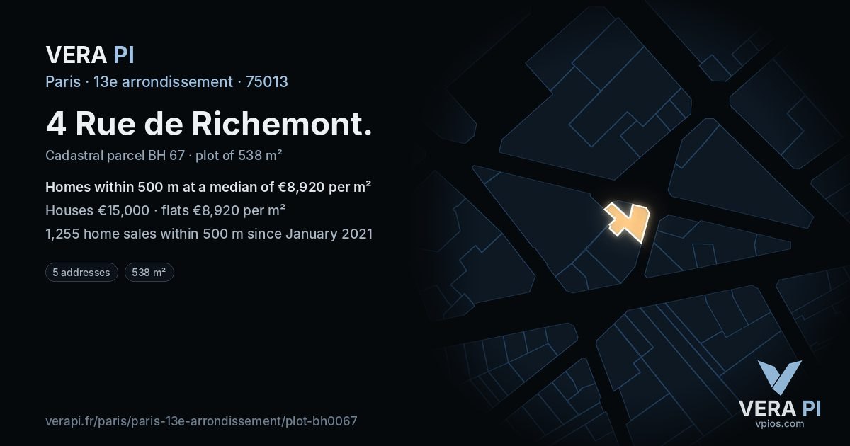 4 Rue de Richemont, 13e arrondissement at night – the plot lit, the parcels around coloured by the prices near them