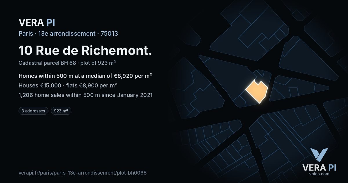 10 Rue de Richemont, 13e arrondissement at night – the plot lit, the parcels around coloured by the prices near them