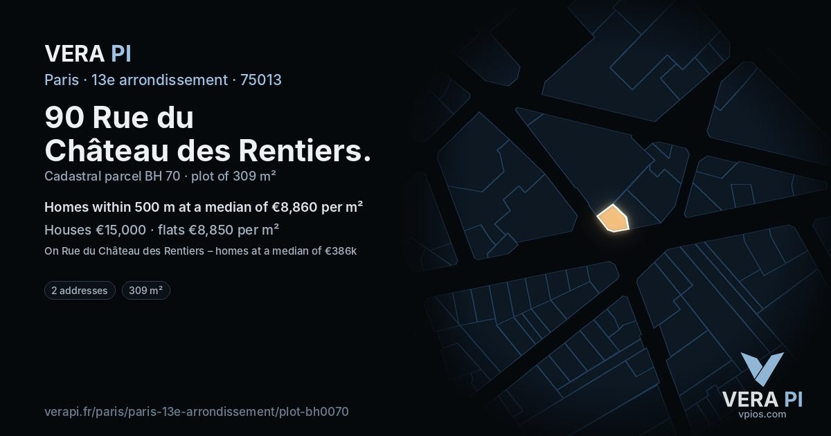 90 Rue du Château des Rentiers, 13e arrondissement at night – the plot lit, the parcels around coloured by the prices near them