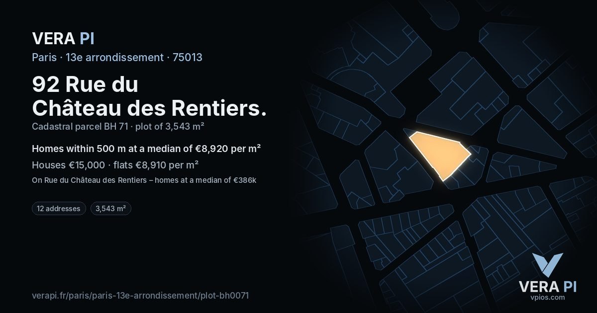 92 Rue du Château des Rentiers, 13e arrondissement at night – the plot lit, the parcels around coloured by the prices near them