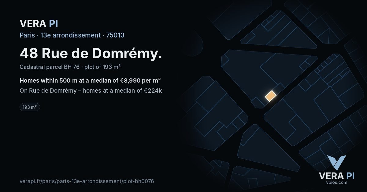 48 Rue de Domrémy, 13e arrondissement at night – the plot lit, the parcels around coloured by the prices near them