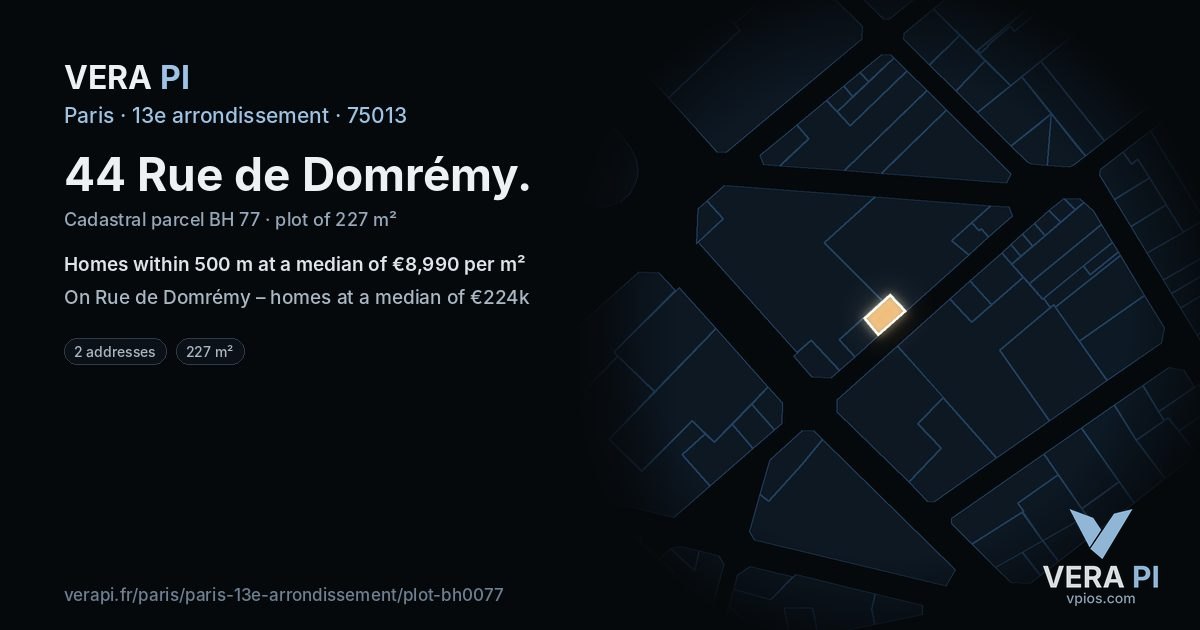 44 Rue de Domrémy, 13e arrondissement at night – the plot lit, the parcels around coloured by the prices near them