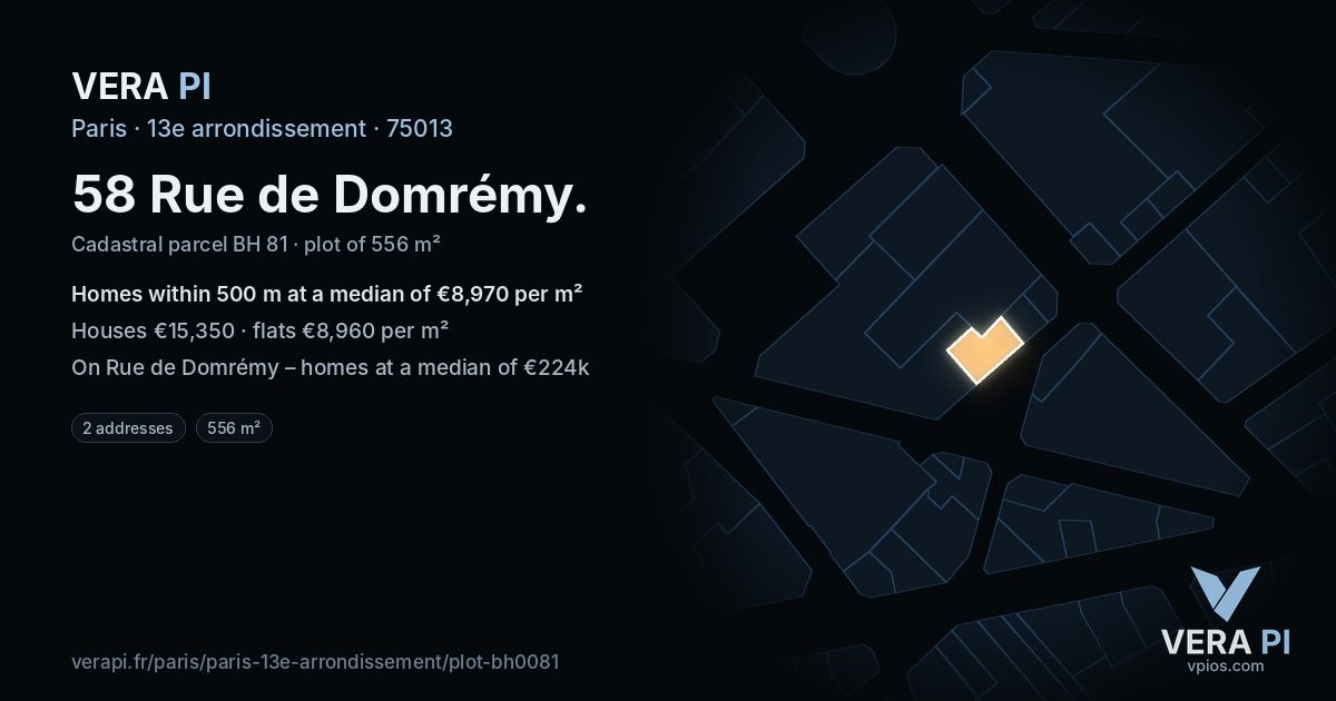 58 Rue de Domrémy, 13e arrondissement at night – the plot lit, the parcels around coloured by the prices near them