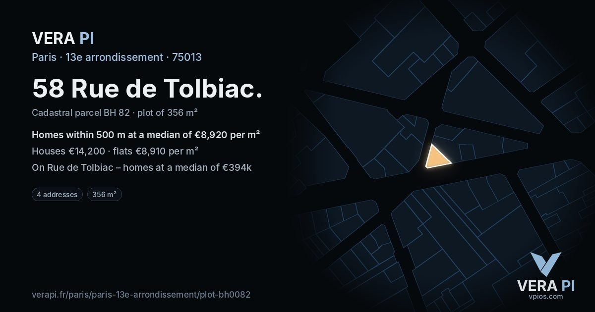 58 Rue de Tolbiac, 13e arrondissement at night – the plot lit, the parcels around coloured by the prices near them
