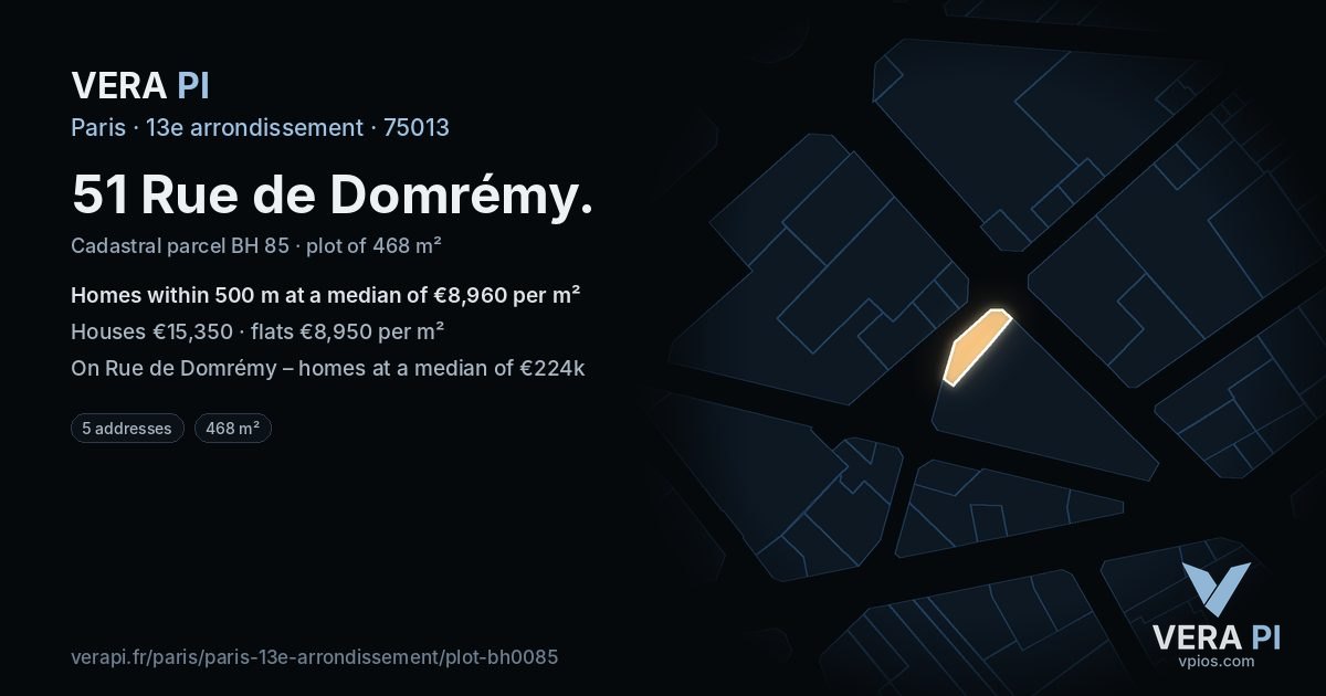 51 Rue de Domrémy, 13e arrondissement at night – the plot lit, the parcels around coloured by the prices near them