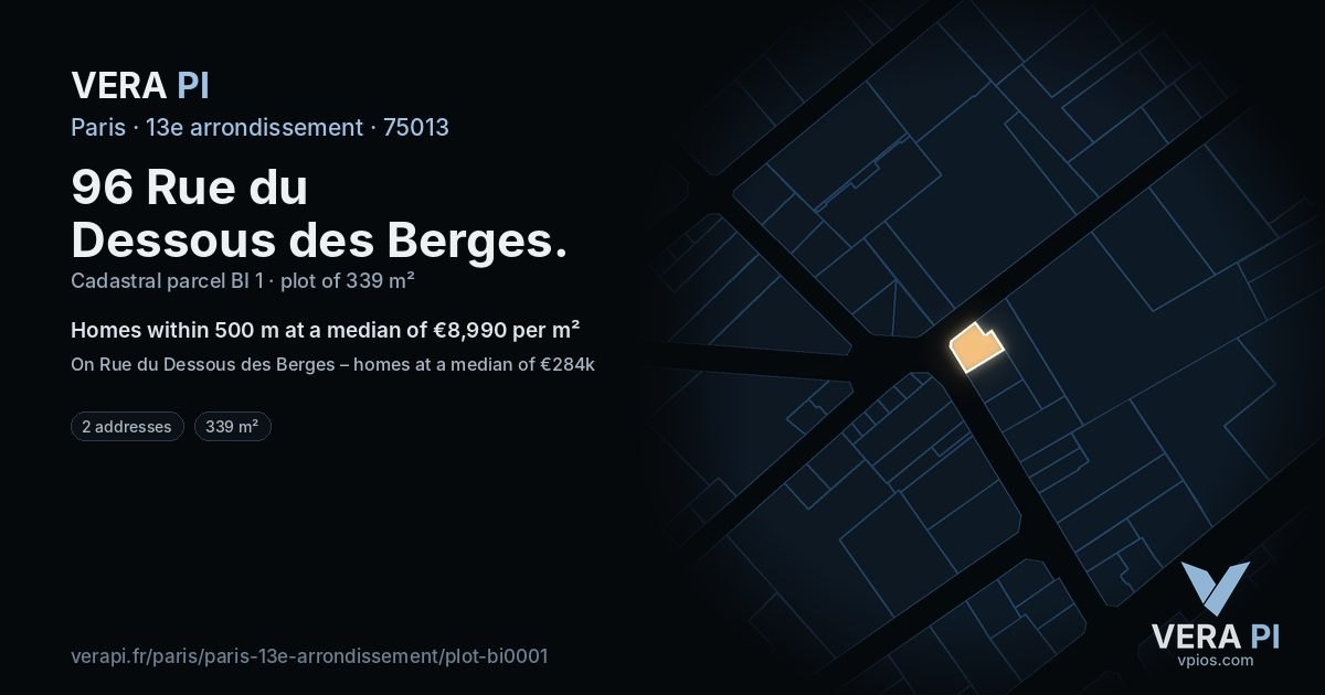 96 Rue du Dessous des Berges, 13e arrondissement at night – the plot lit, the parcels around coloured by the prices near them