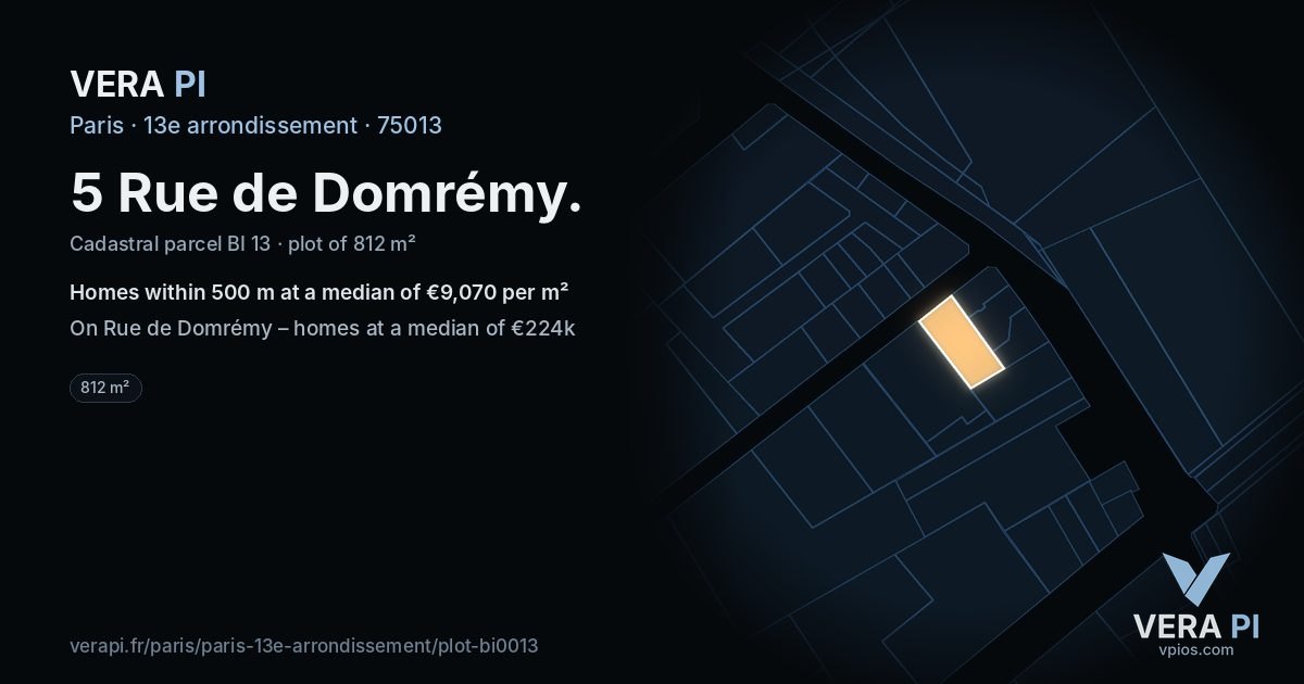 5 Rue de Domrémy, 13e arrondissement at night – the plot lit, the parcels around coloured by the prices near them