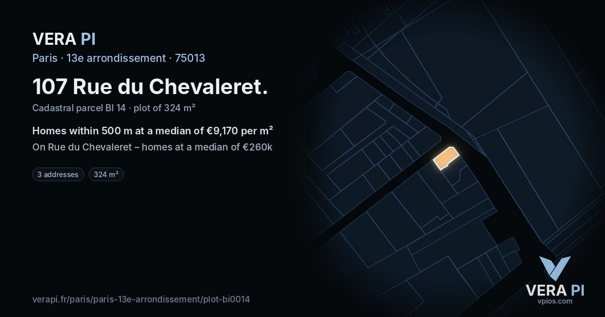 107 Rue du Chevaleret, 13e arrondissement at night – the plot lit, the parcels around coloured by the prices near them