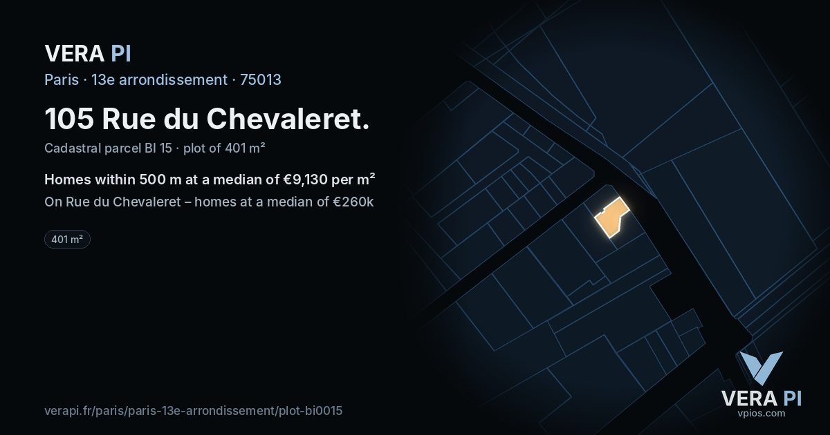 105 Rue du Chevaleret, 13e arrondissement at night – the plot lit, the parcels around coloured by the prices near them