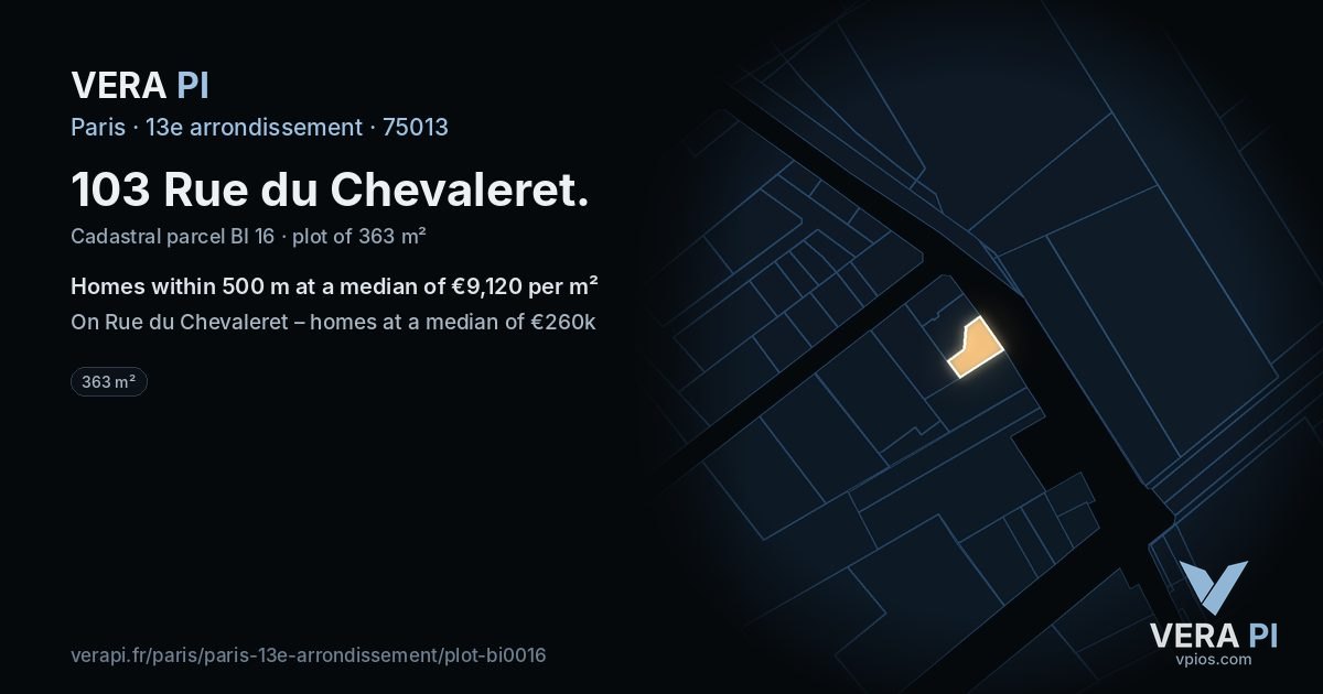 103 Rue du Chevaleret, 13e arrondissement at night – the plot lit, the parcels around coloured by the prices near them