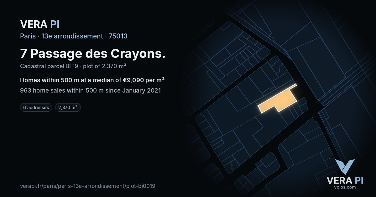 7 Passage des Crayons, 13e arrondissement at night – the plot lit, the parcels around coloured by the prices near them