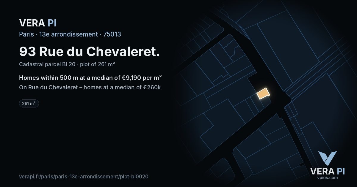 93 Rue du Chevaleret, 13e arrondissement at night – the plot lit, the parcels around coloured by the prices near them