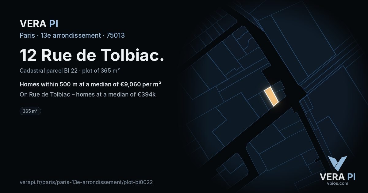 12 Rue de Tolbiac, 13e arrondissement at night – the plot lit, the parcels around coloured by the prices near them