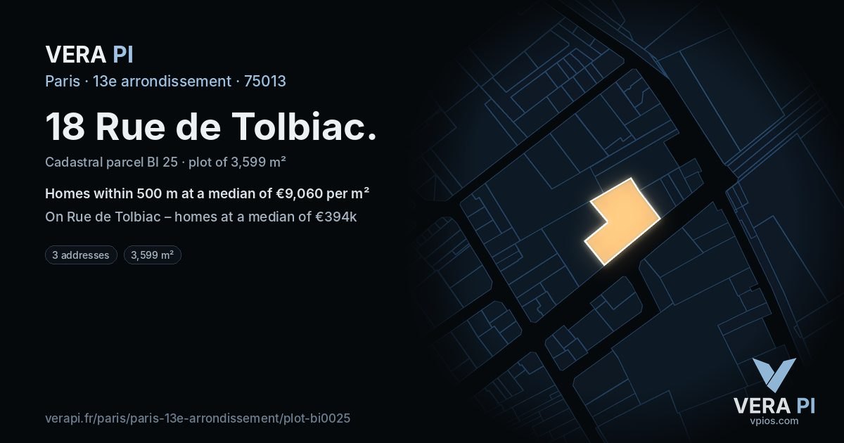 18 Rue de Tolbiac, 13e arrondissement at night – the plot lit, the parcels around coloured by the prices near them