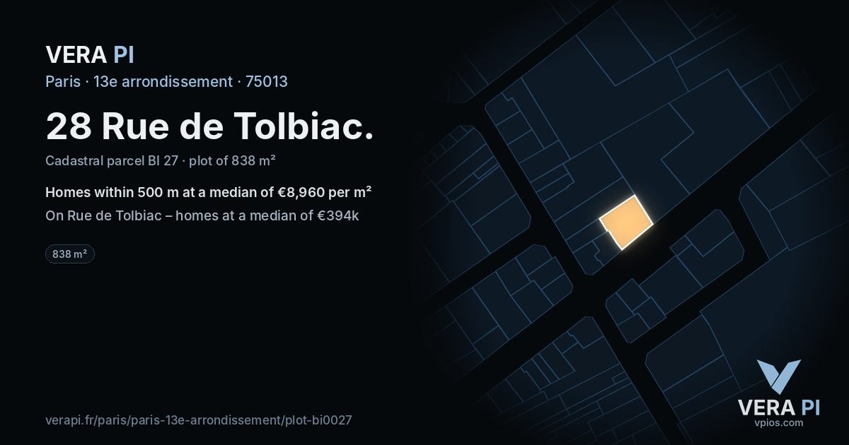 28 Rue de Tolbiac, 13e arrondissement at night – the plot lit, the parcels around coloured by the prices near them