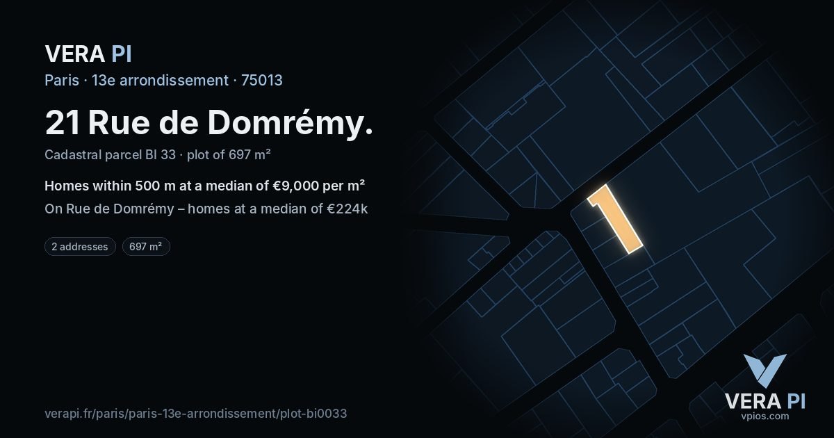 21 Rue de Domrémy, 13e arrondissement at night – the plot lit, the parcels around coloured by the prices near them