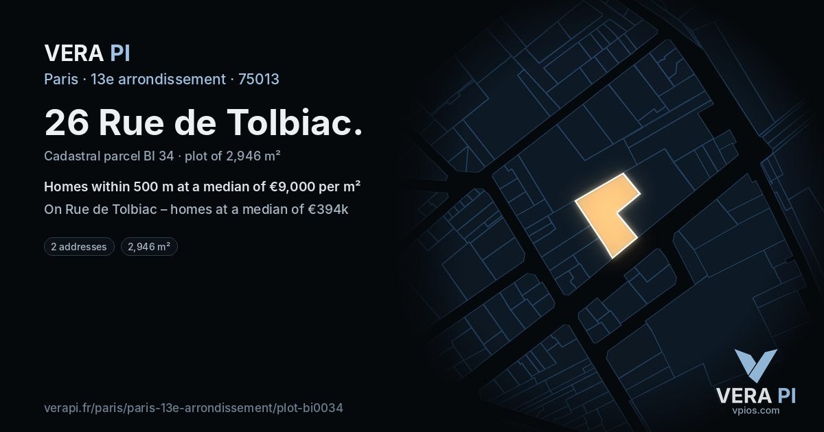 26 Rue de Tolbiac, 13e arrondissement at night – the plot lit, the parcels around coloured by the prices near them