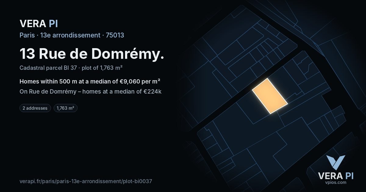 13 Rue de Domrémy, 13e arrondissement at night – the plot lit, the parcels around coloured by the prices near them