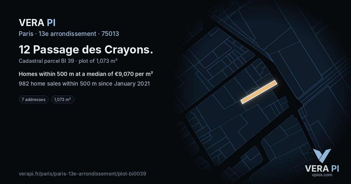 12 Passage des Crayons, 13e arrondissement at night – the plot lit, the parcels around coloured by the prices near them