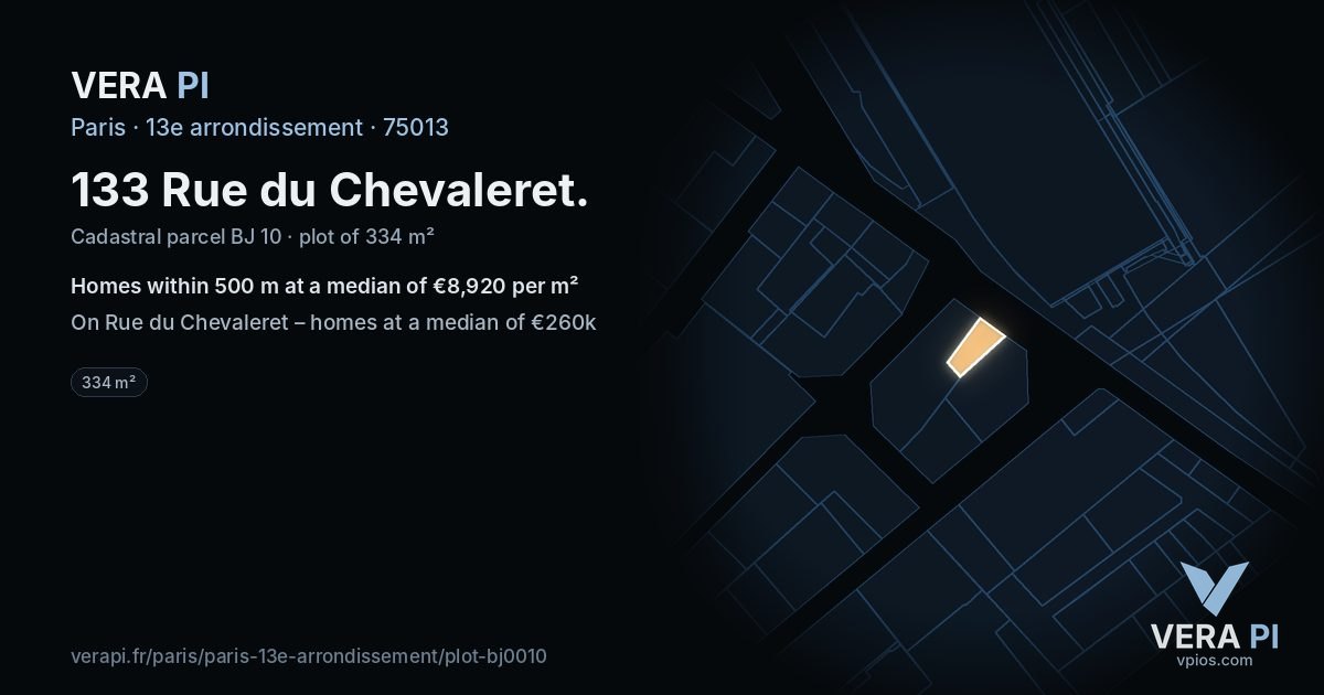 133 Rue du Chevaleret, 13e arrondissement at night – the plot lit, the parcels around coloured by the prices near them