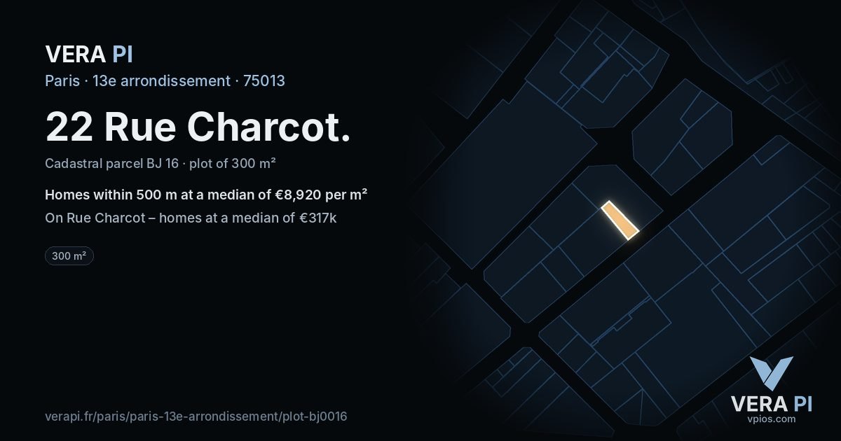 22 Rue Charcot, 13e arrondissement at night – the plot lit, the parcels around coloured by the prices near them