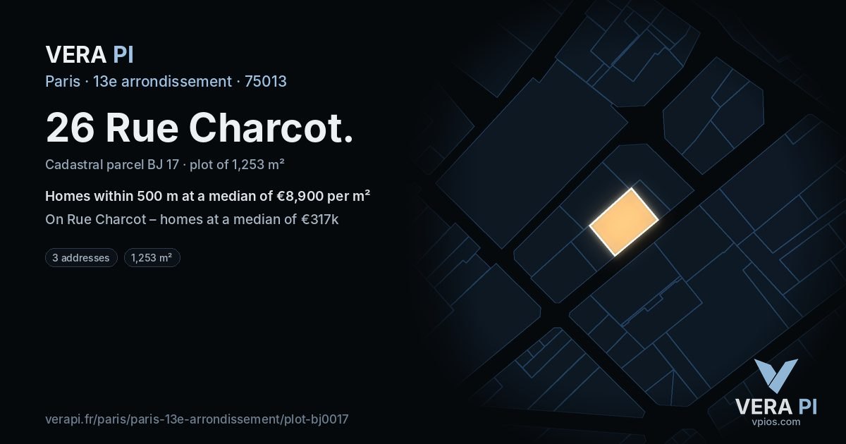 26 Rue Charcot, 13e arrondissement at night – the plot lit, the parcels around coloured by the prices near them