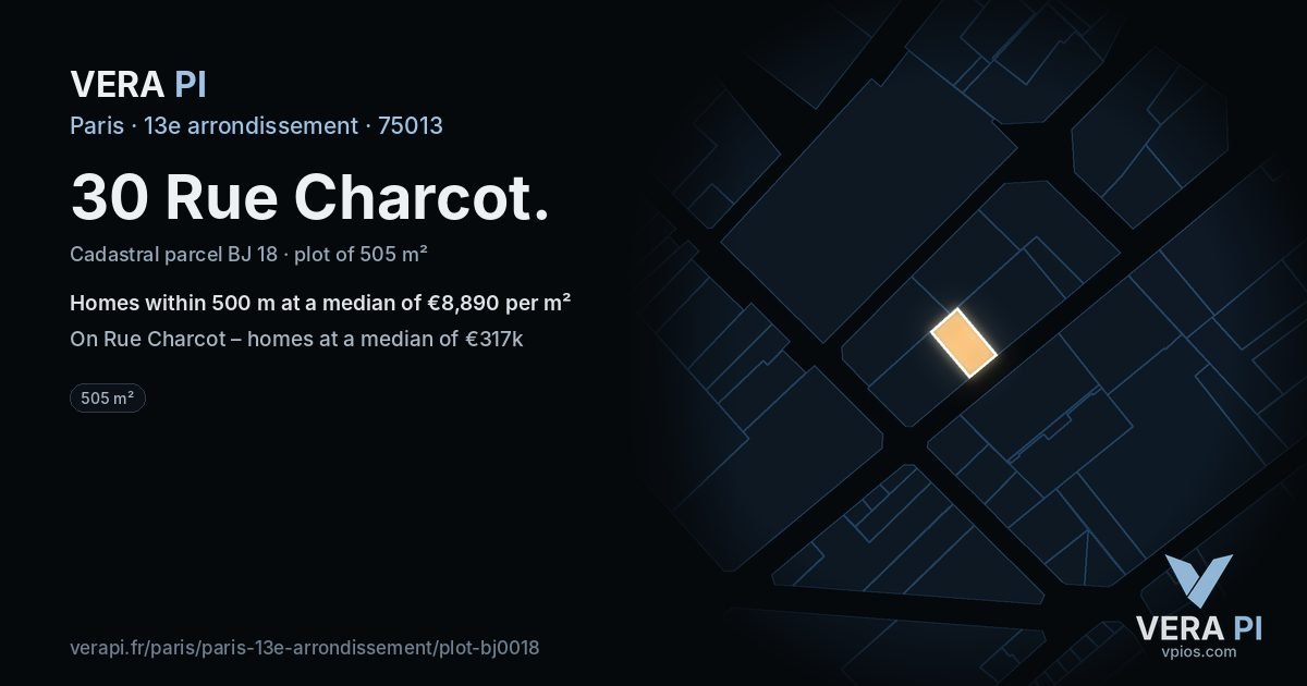 30 Rue Charcot, 13e arrondissement at night – the plot lit, the parcels around coloured by the prices near them