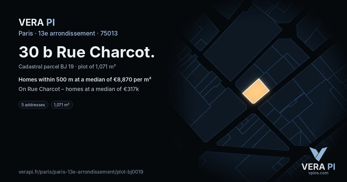 30 b Rue Charcot, 13e arrondissement at night – the plot lit, the parcels around coloured by the prices near them