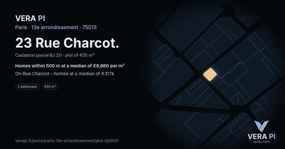23 Rue Charcot, 13e arrondissement at night – the plot lit, the parcels around coloured by the prices near them