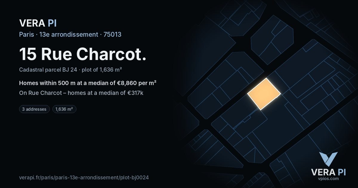 15 Rue Charcot, 13e arrondissement at night – the plot lit, the parcels around coloured by the prices near them