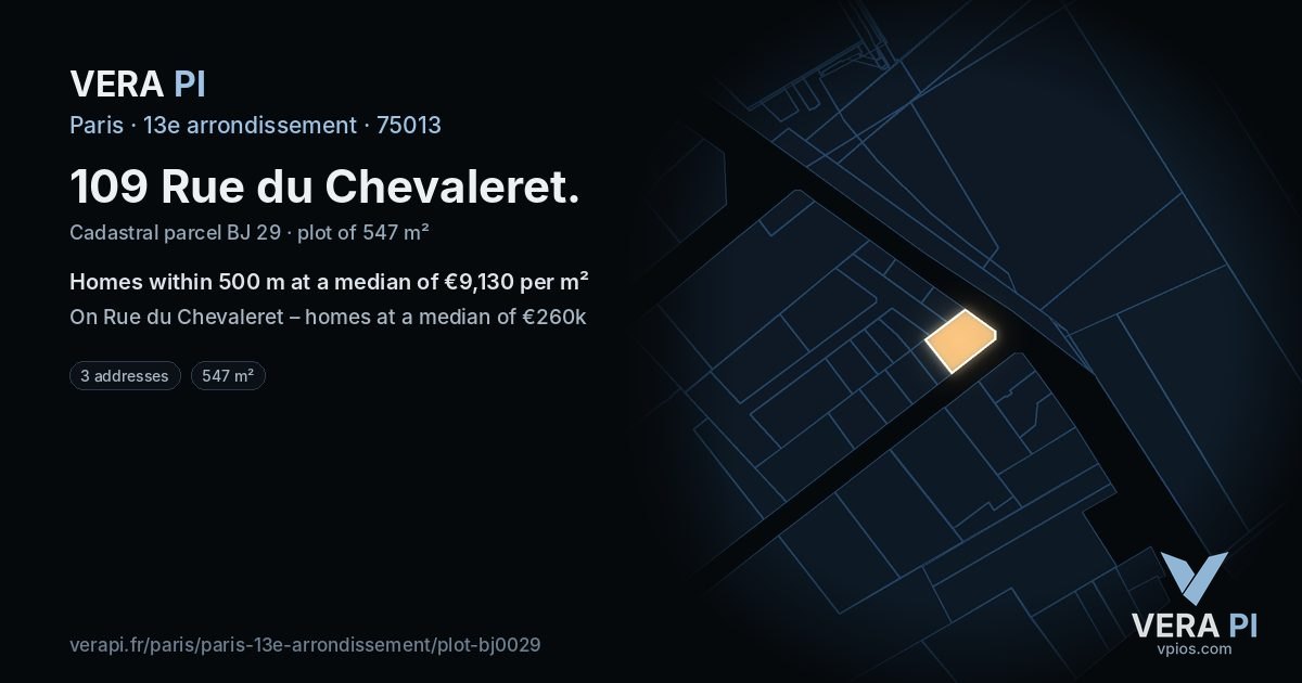 109 Rue du Chevaleret, 13e arrondissement at night – the plot lit, the parcels around coloured by the prices near them